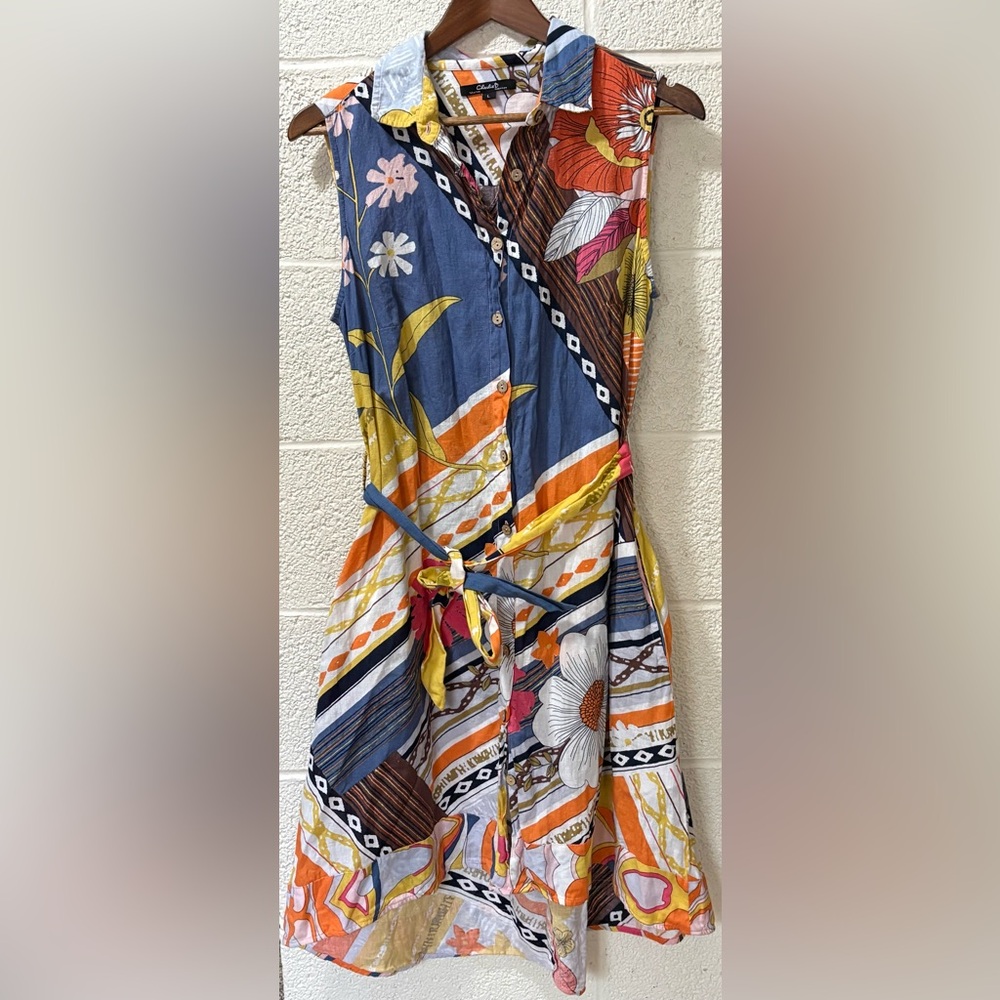 CHARLIE B. L linen blend retro print sleeveless dress